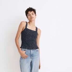NWT Madewell - Lucie Smocked Tank - navy ditsy floral pattern